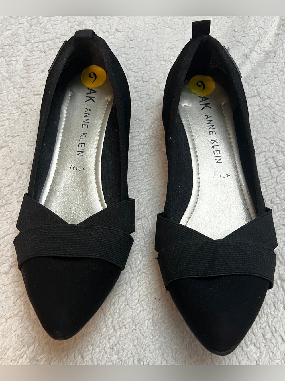 Anne Klein Black Pointed-Toe Slip-On Flats with Cross Band Size 9